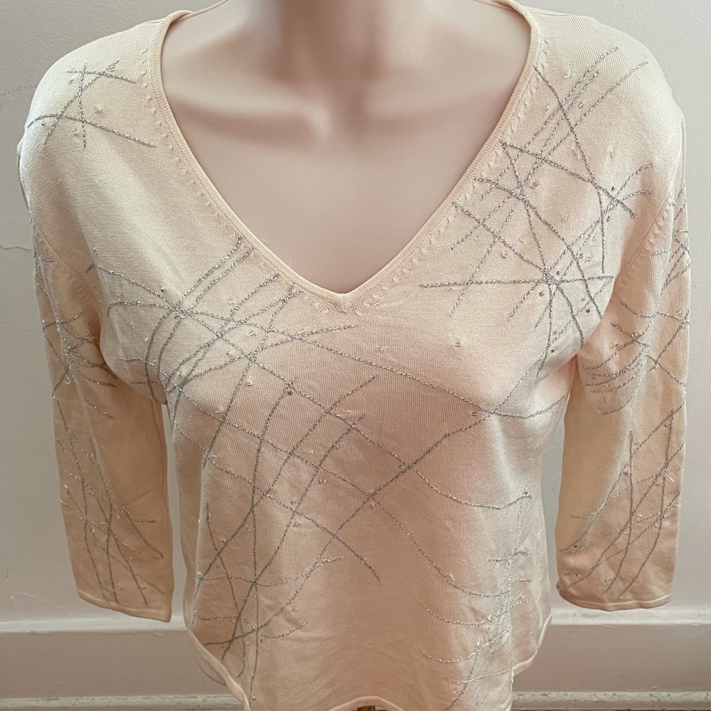 Belldini silk blend beige embroidered & beaded boho V-neck blouse, size M summer